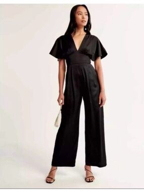 Abercrombie & Fitch Black Tall V-Neck Wide-Leg Jumpsuit with Flutter Sleeves